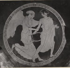 Eos chases Cephalus or Tithonus on a red figure kylix, Penthesilea Painter circa 470 BC