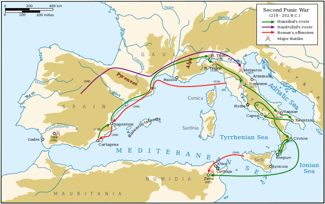Routes taken by both Hannibal and Hasdrubal in the second Punic War.