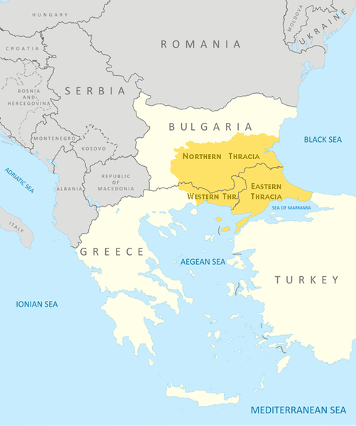 The borders of Thrace on modern day Europe