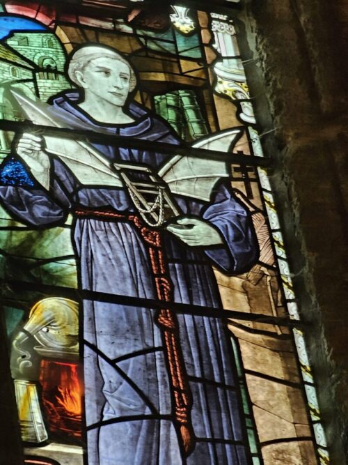 Eilmer in a stained glass window at the Abbey.
